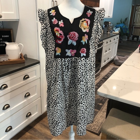 Emery Rose Colorful Embroidered Splicing Shift Ruffle Dress Leopard Print Sz XL - Picture 1 of 11